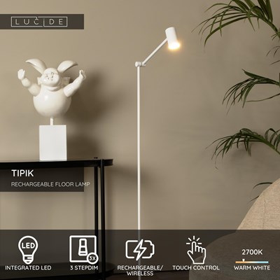 Lucide TIPIK - Rechargeable Floor lamp - Battery pack- LED 3 StepDim - 1x3W 2700K - White